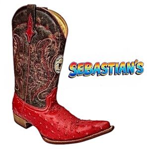 Sebastian’s Men’s Red Ostrich Cowboy Western Boots Size 10.5 US / 28 MX Leather